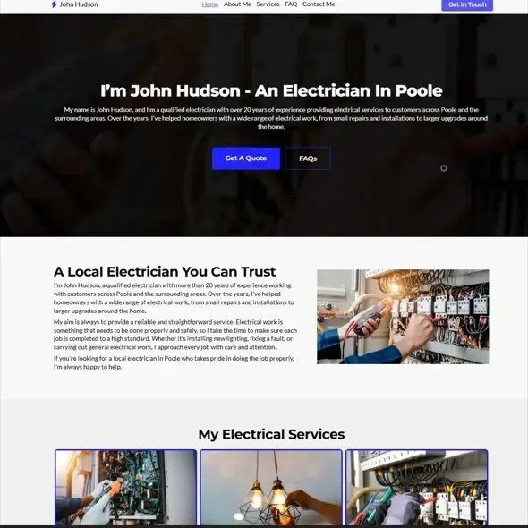 A preview of John Hudson's personal electrician website - designed by me.