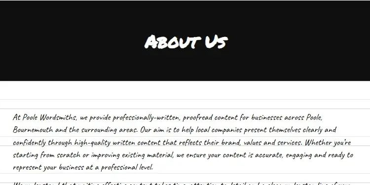 The about page of Poole Wordsmiths - which shows my simple yet effective design method.