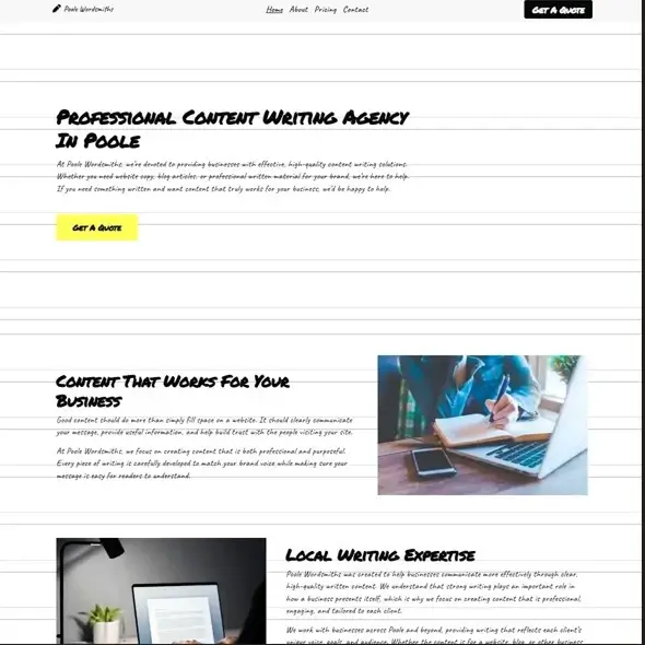 A showcase of Poole Wordsmiths - a content writing agency website that demonstrates my effective design methods.